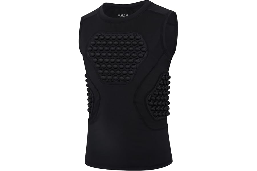 RIKUAOU Youth Football Baseball Chest Protector Padded Compression Shirt | Unisex kids fit, shield shaped padding, raised dome impact zones, breathable mesh panels for softball, lacrosse and paintball