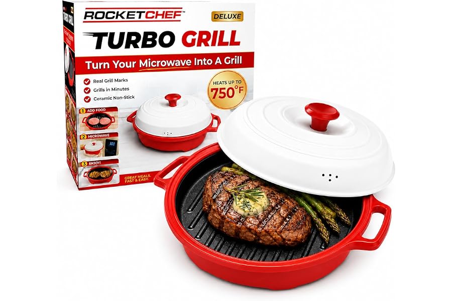 ROCKET CHEF Turbo Grill Deluxe - Microwave Grill Pan with Lid, Nonstick, Ceramic Nonstick Grill Pan with Vented Lid, Grills,
