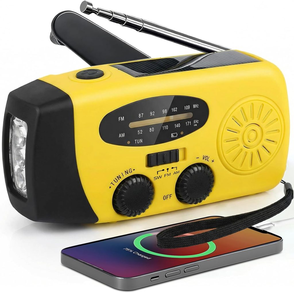 Radio Portátil, FM/Am Radio Emergencia con Solar Recargable Radios de Dinamo con Manivela con Linterna LED y Luz de Lectura 2000mAh Powerbank SOS USB de Camping al Aire Libre Kit Supervivencia, RD1