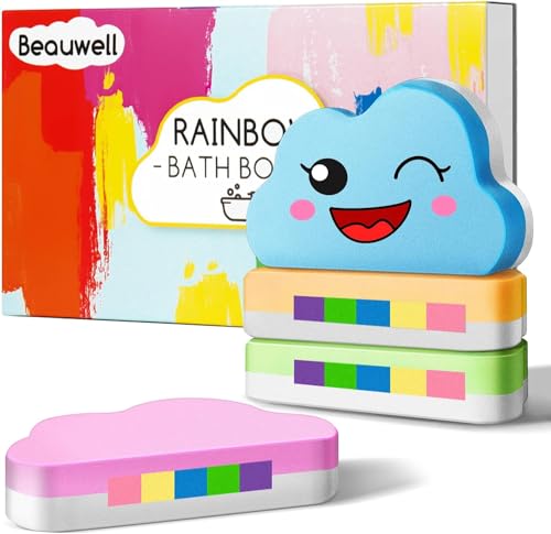 Rainbow Bath Bombs for Kids, Handmade 4 Pcs Kids Bath Bombs Gift Set for Girls Teens Toddler Rainbow Bubble Fizzy