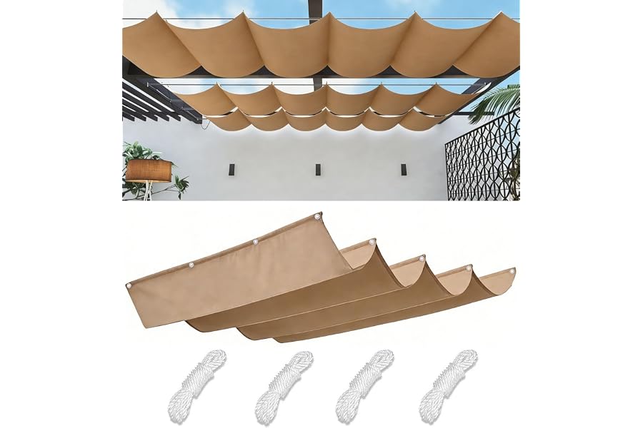 Retractable Sun Shade Sail 4' x 10' Waterproof Wave Pergola Shade Cover Polyester Sunscreen Awning Canopy Wind Protection for Outdoor Patio Yard Terrace Carport Khaki