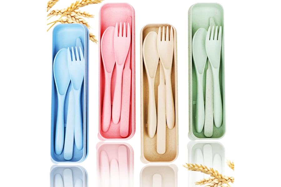 Reusable Travel Utensils Set with Case, 4 Sets Wheat Straw Portable Knife Fork Spoons Tableware, Eco-Friendly BPA Free Cutlery for Kids Adults Picnic Camping Utensils(Green, Beige, Pink, Blue)