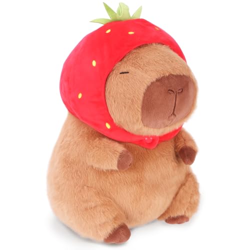 RichRabbit Cute Capybara Plush Capibara Stuffed Animal Plushies Toys Hugging Gifts for Kids Brown Plush Wear Strawberry Hat Soft 9 inch