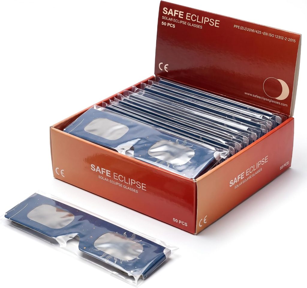 SAFE ECLIPSE Pack 2/6/12/50, Gafas para eclipse solar, montura 45 mm, se usan sobre la mayoría de gafas de vista, probadas EN ISO 12312-2:2015, marcado CE para observación solar segura – Astro
