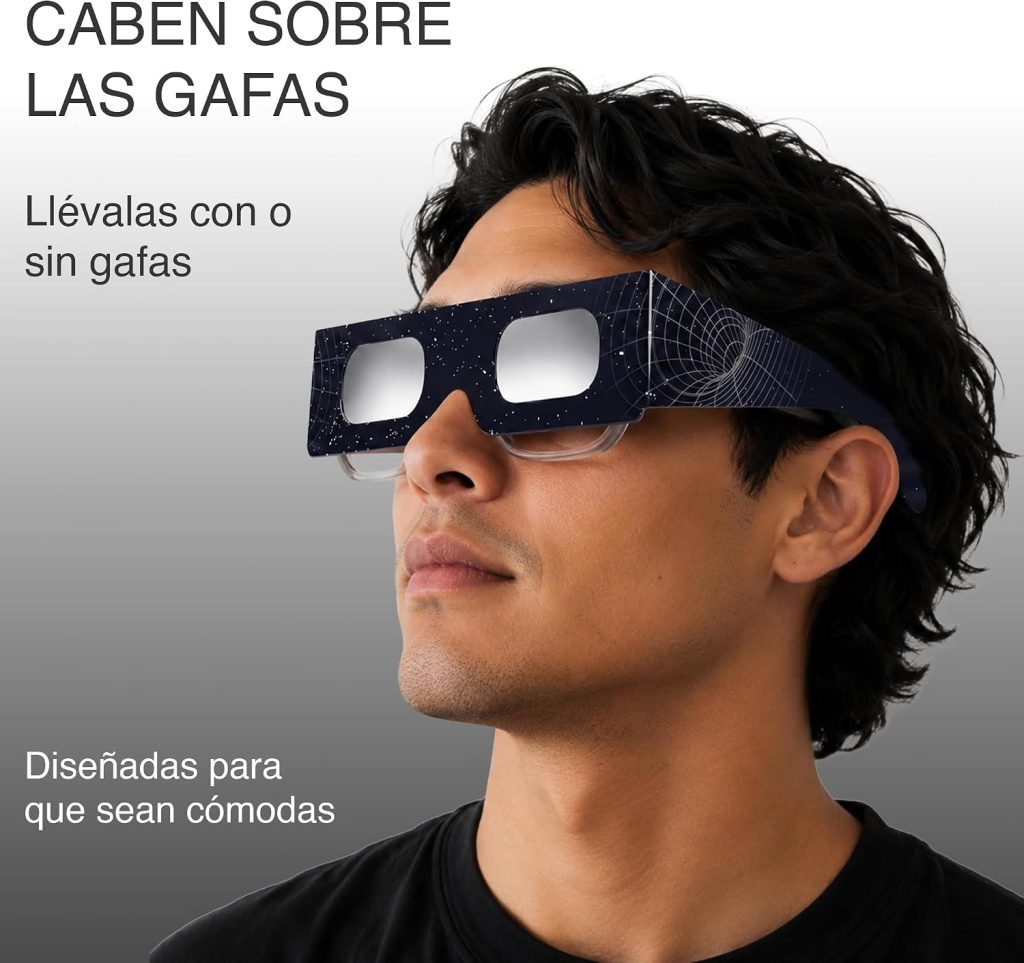 SAFE ECLIPSE Pack 2/6/12, Gafas para eclipse solar, montura 45 mm, se usan sobre la mayoría de gafas de vista, probadas EN ISO 12312-2:2015, marcado CE para observación solar segura – Interstellar