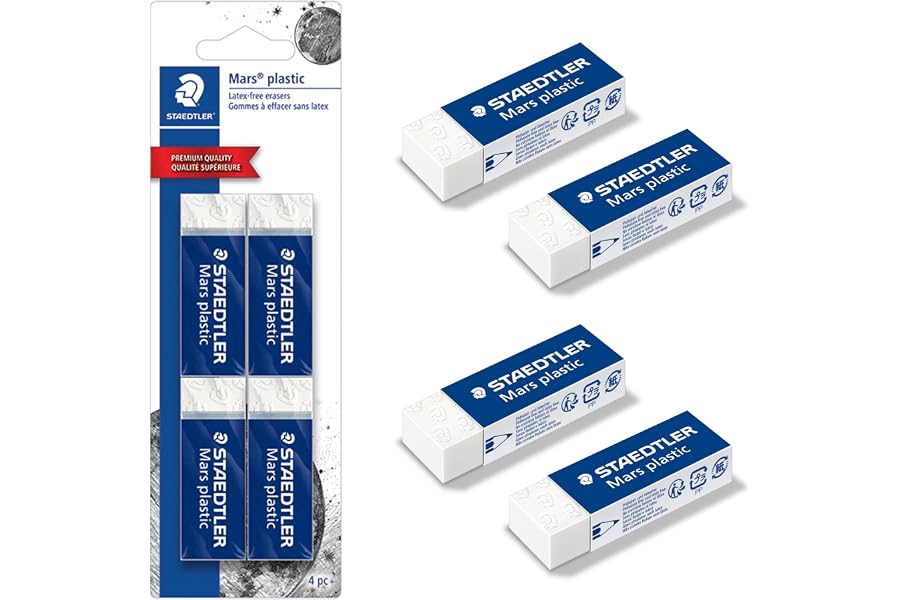 STAEDTLER Mars Plastic Vinyl Erasers (4-Pack), White Erasers for Clean & Precise Results - Latex-Free, Minimal Crumbling, Made in Peru