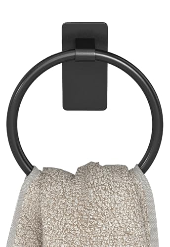 STWWO Hand Towel Holder for Bathroom, Adhesive Round Towel Ring, Black