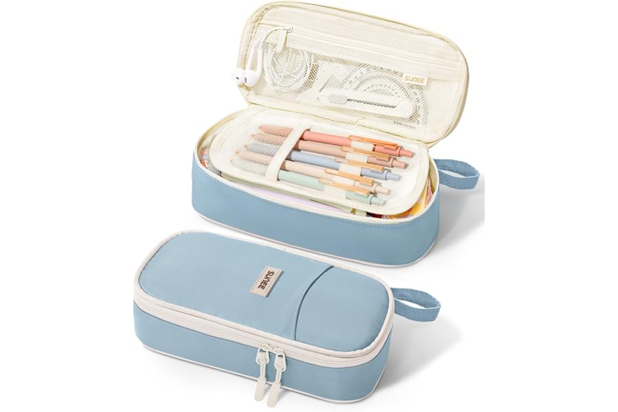 SUNEE Cute Pencil Case, Aesthetic Pen Pouch, Colored Large Pencil Bag with Zipper, Kawaii Stationery Storage and Organizer, School Supplies for Teen and Adult Girls, Blue