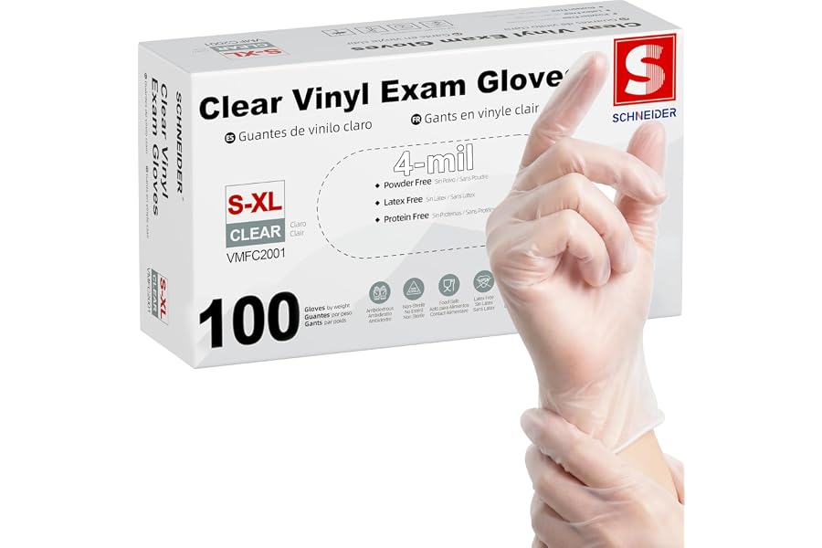 Schneider Medical Vinyl Exam Disposable Gloves Latex Free | Powder free, clear，Food Safe, Cleaning, Exam，Cooking，Food Prep， Comfortable Fit, Ambidextrous, Unisex