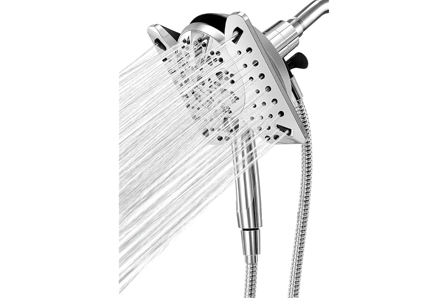 Shower Head with Handheld High Pressure, Rain Shower Head with Fixed Showerhead and 9 Sprays Handheld Shower, Detachable 2-IN-1 Shower head with 59" Rotatable Stainless Steel Hose (Chrome)