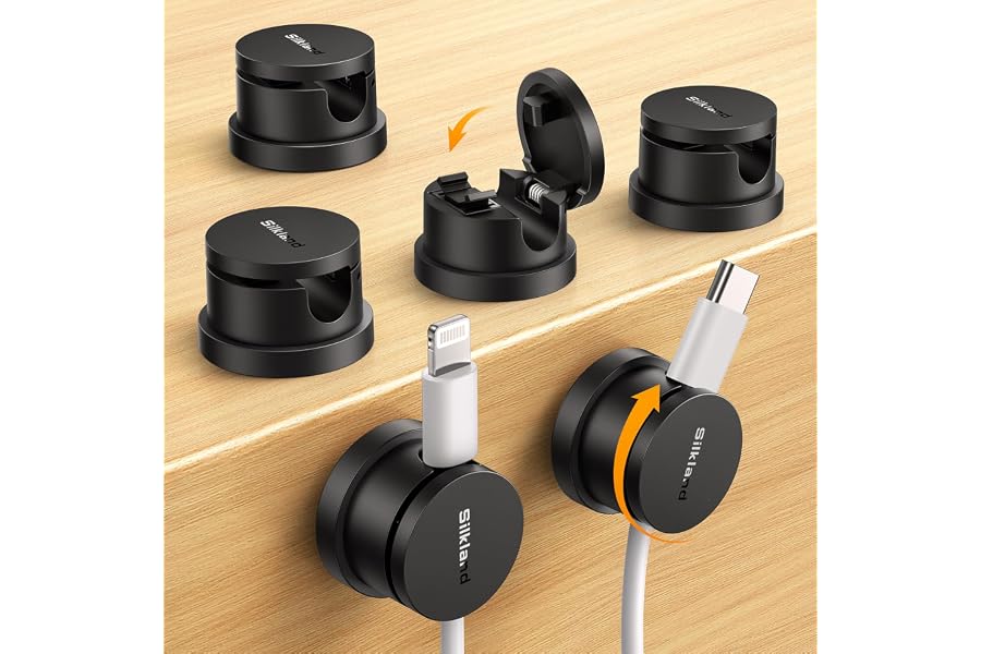 Silkland 6 Pack Snap-Lock Cable Clips, 360° Rotatable Cord Holder for Desk | Anti-Pull-Out Cord Organizer, Adhesive Phone Cha
