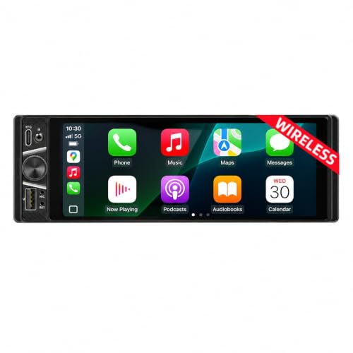 Single Din Car Stereo with Wireless Carplay, 6.28 Inch HD Touchscreen Radio