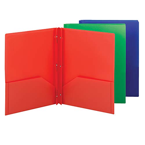 Smead Plastic 2 Pocket Folders with Pockets & Prongs, Red Blue Green 3 Pack