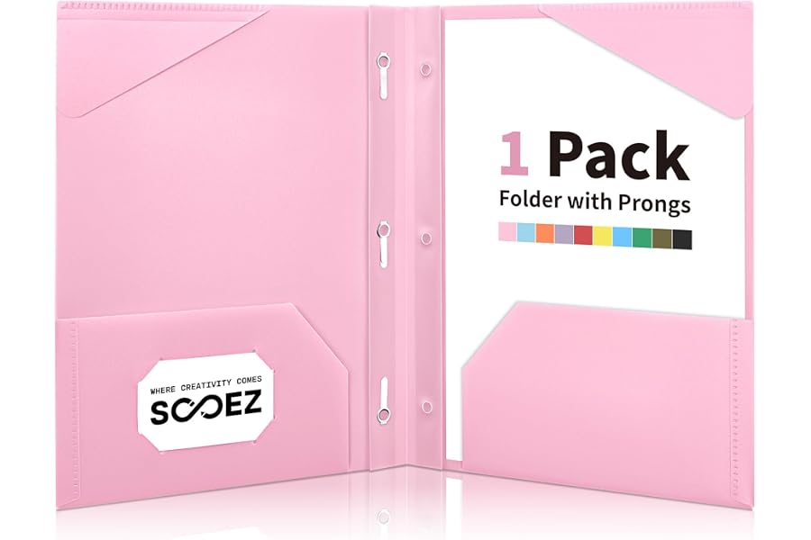 Sooez 1 Pack Plastic Folder, 2-Pocket Folders with Prongs | Fit Letter Size Paper, Sturdy 3 Prong File Folders for Documents, Folders with Pockets Back to School Supplies for Kids