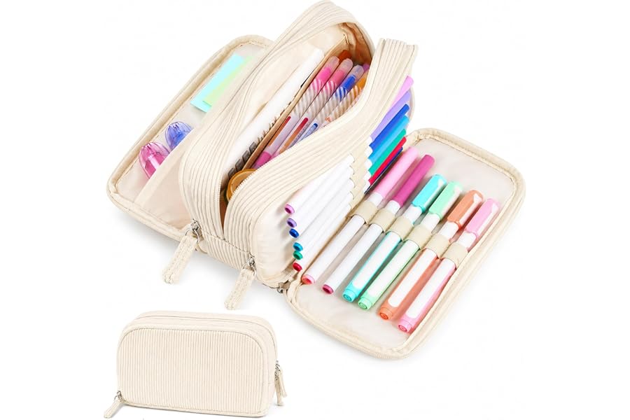 Sooez Big Capacity Pencil Case Pen Pouch, Soft Corduroy Pencil Bag | with 3 Compartment, Multiple Pockets, Sturdy Zipper, Cute School Supplies Pen Bag Organizer For Teen Girls College, Beige