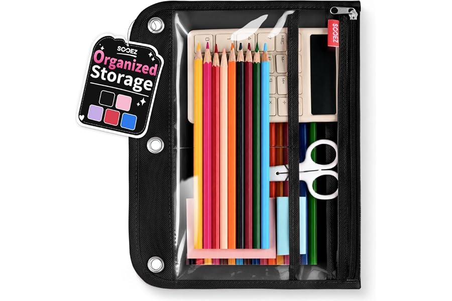 Sooez Pencil Pouch for 3 Ring Binder, Pencil Case Bag Organized Storage | 4 Internal Compartments, Large Capacity, Clear Window, Smooth Durable Zipper, Binder Accessories for School Office Supplies