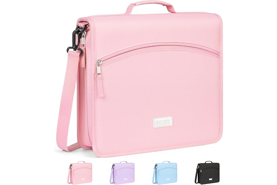 Sooez Zipper Binder Bag, 2-Inch 3 Ring Binder with Shoulder Strap & Handle | 600-Sheet Capacity, 5-Tab Accordion File Organizer, Multi-Pocket Organizer for Middle School College Supplies, Pink