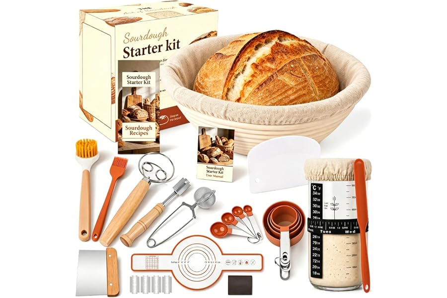 Sourdough Starter Kit, Sourdough Bread Baking Supplies, Banneton Bread Proofing Basket with Starter Jar, Dough Whisk, Scrapers, Recipe, Round Bread Proofing Basket, for Bread Baking