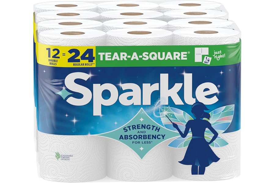 Sparkle Tear-A-Square Paper Towels, 12 Double Rolls - Strong 2-Ply Towels for Kitchen Cleanup and Everyday Messes
