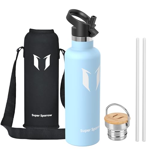 Sparrow Botella Agua Acero Inoxidable 1L - Botella Termica con Pajita | Sin BPA & Fugas, Lavavajillas, Deporte, Gimnasio, TwistTrail Cantimplora Termica Tapa Pajita, Tapa Asa & Funda