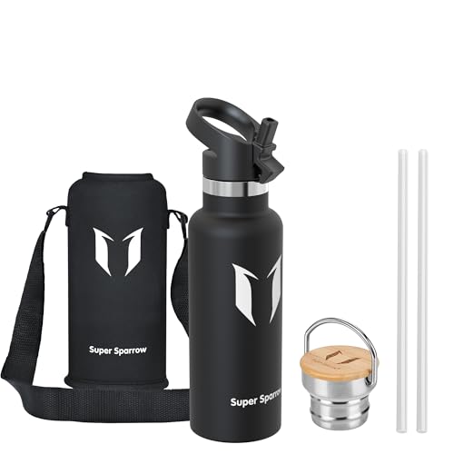 Sparrow Gourde Isotherme 500ml - Gourdes Enfant -Bouteille INOX avec Paille | Étanche, Lave-Vaisselle, Sans BPA, Froid & Chaud, Sport TwistTrail Avec Bouchon Paille, Bouchon Anse & Housse