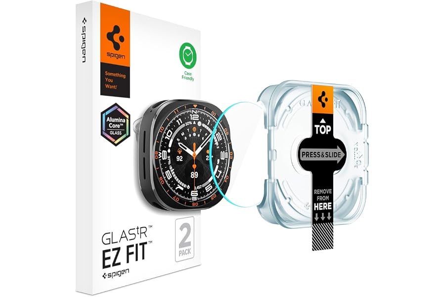 Spigen GlasTR EZ FIT Screen Protector for Galaxy Watch Ultra 2 | AluminaCore aluminum-enhanced 10H+ tempered glass, Auto-align tray, 100% clarity, Original touch, Case-friendly, 2 Pack