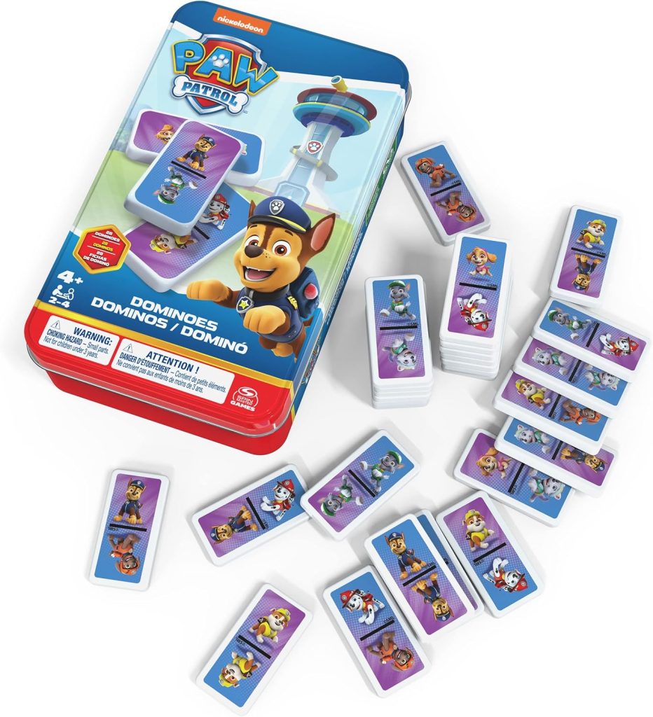 Spin Master Games Domino Infantil Patrulla Canina Juego de Mesa +4 Años | Dominó Patrulla Canina con 28 fichas en maletín metálico. Juego de mesa infantil para niños desde 4 años.