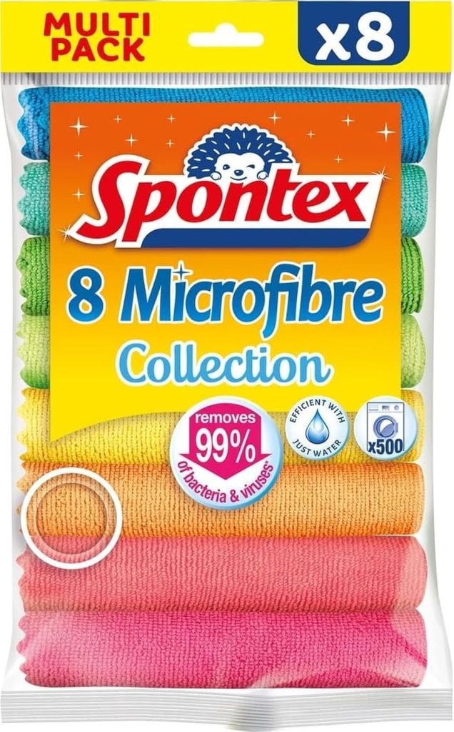 Spontex Microfibre Collection | Chiffons de Nettoyage Multi-Usages, Lavables à 40 °C, Cuisine et Salle de Bain | 30 x 30 cm, Lot de 8