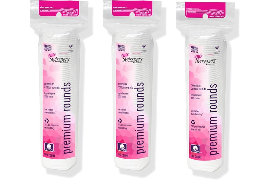 Swisspers Premium Cotton Rounds, Dual-Sided, 100 Count (Pack of 3) | Hypoallergenic, Textured Side, Lint-Free Side, Dermatologist-Tested, Chlorine-Free, 300 Total