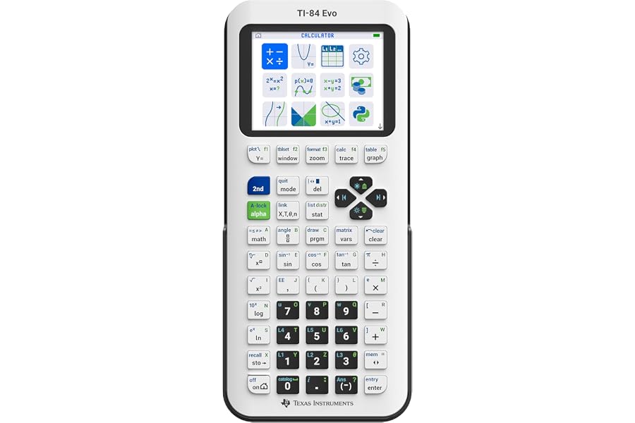 TI-84 Evo Graphing Calculator Texas Instruments, White | Intuitive Icon-based Homescreen, USB-C Charging, Python Programming, Faster Performance, Bigger Graphs than TI-84 Plus CE