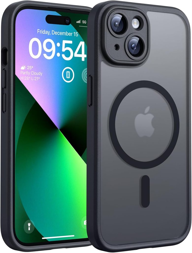 TOCOL Coque pour iPhone 13, Compatible avec MagSafe, Noir | Anneau Magnétique Intégré, Protection de l'objectif Améliorée, Résistant aux Rayures, Case Dos Mat Translucide Fine Antichoc