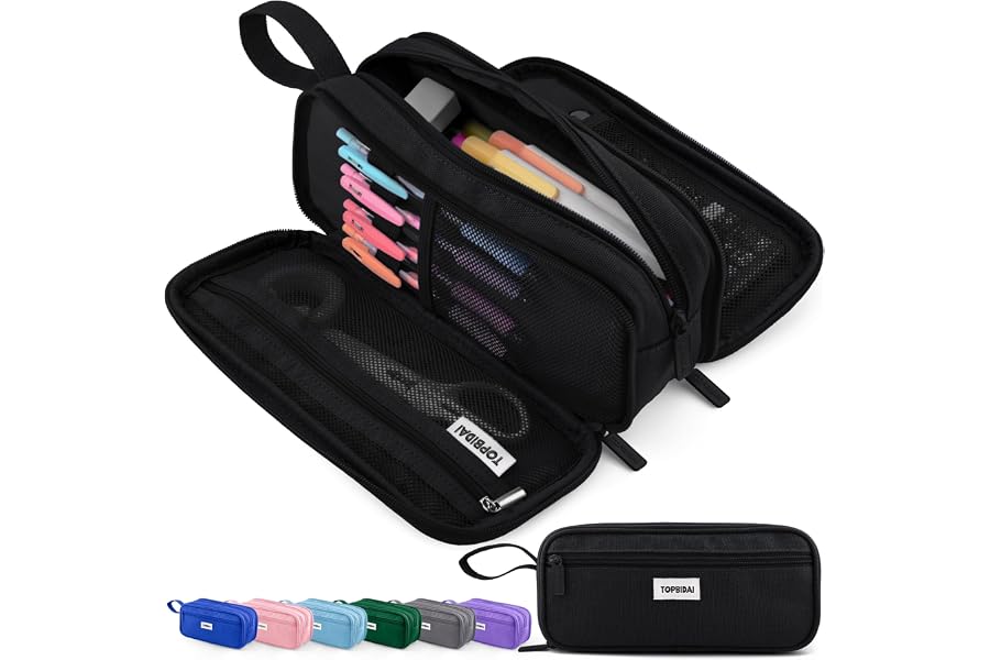 TOPBIDAI Large Pencil Case Pouch for Girls Boy Women Men Adults | Big Capacity Canvas Pencil Bag, Office School Supplies, Multi Compartment Zipper Stationery Pen Box (Coal Black)