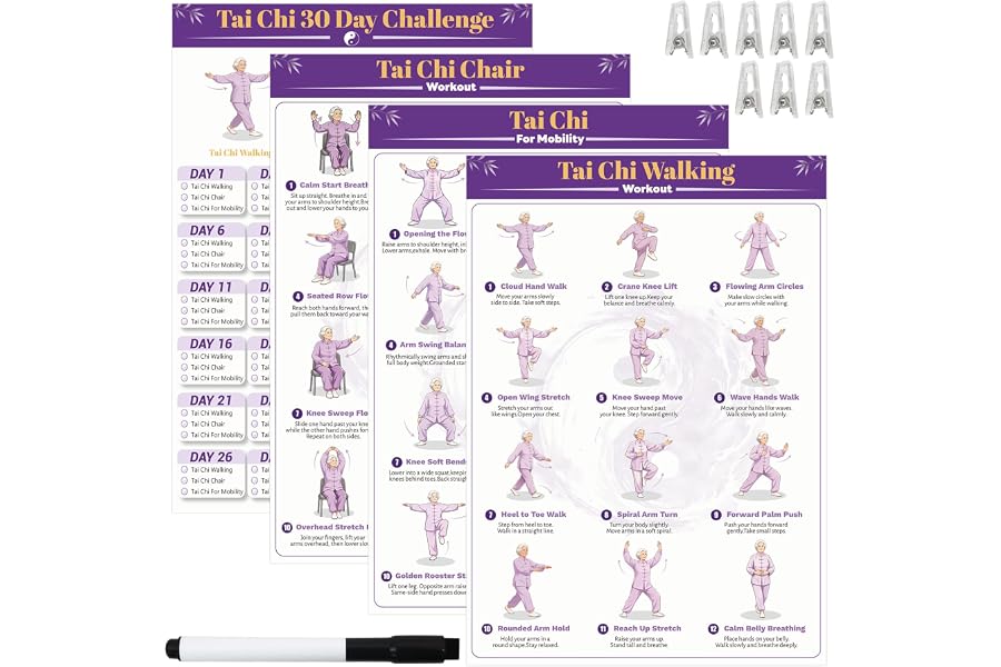 Tai Chi Workout Chart Poster Set for Seniors&Beginners,Purple,11.8X8.3inch | Tai Chi Chair Walking Mobility Poster, with 30-D