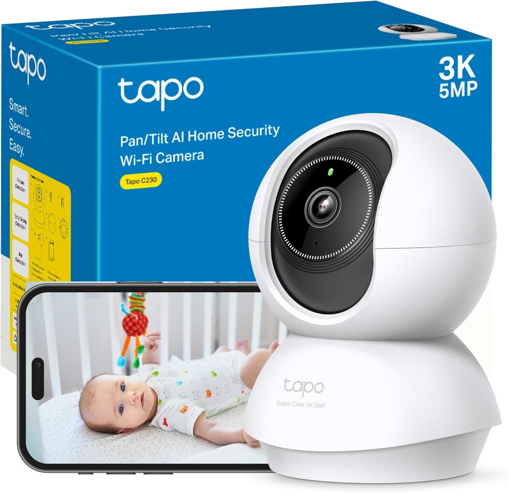 Tapo C230 - Cámara de Vigilancia WiFi Interior 360º, 3K 5MP, Detección IA | Detección Movimiento, Personas, Mascotas, Llanto de Bebé y más. Visión Nocturna. Alarma Luz y Sonido. Admite MicroSD.