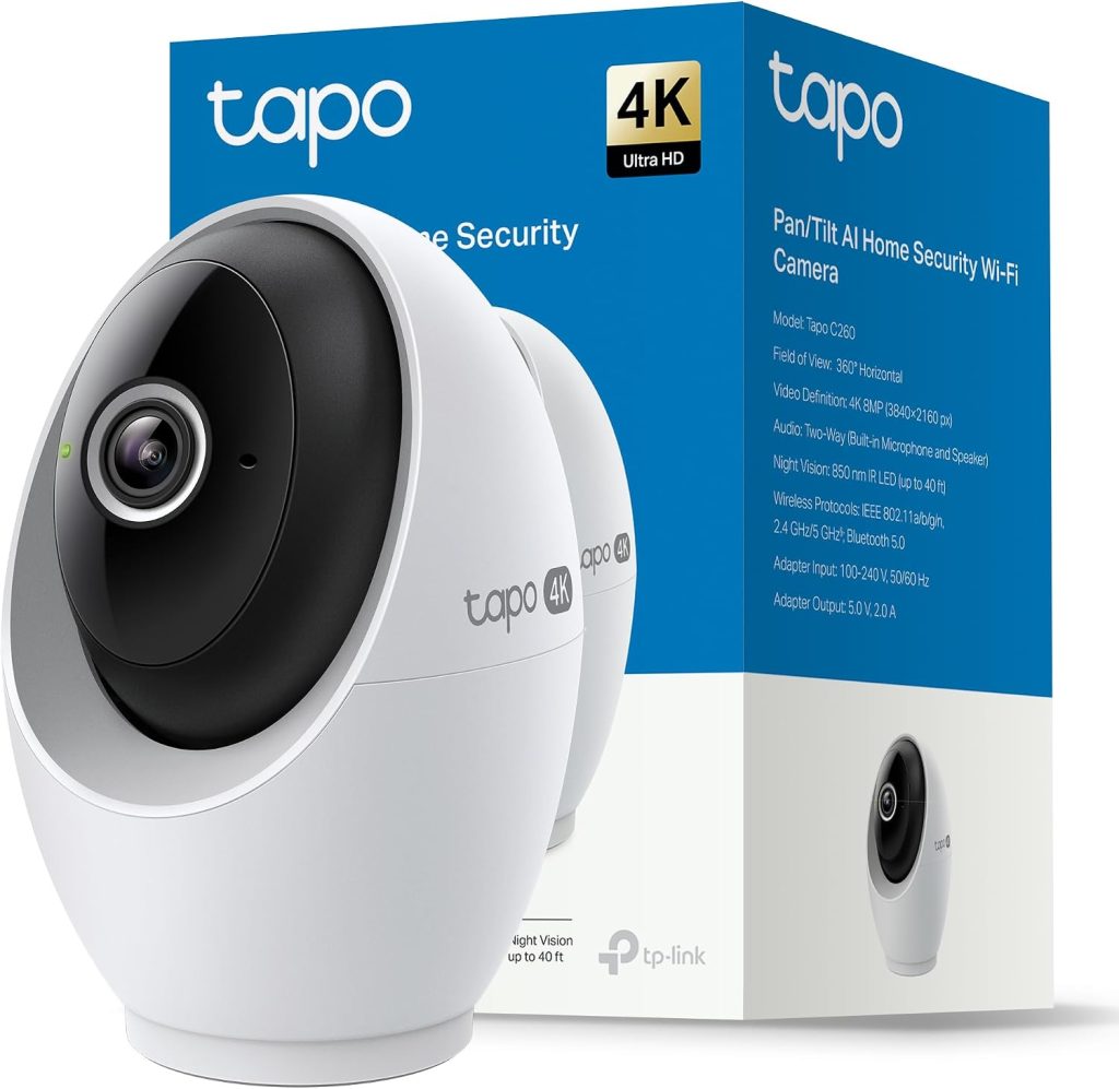 Tapo C260 - Cámara de Vigilancia WiFi Interior 360º, 4K 8MP, Detección IA | Detección Movimiento, Personas, Mascotas, Llanto de Bebé y más. Reconocimiento Facial. Visión Nocturna. Alarma Luz y Sonido.