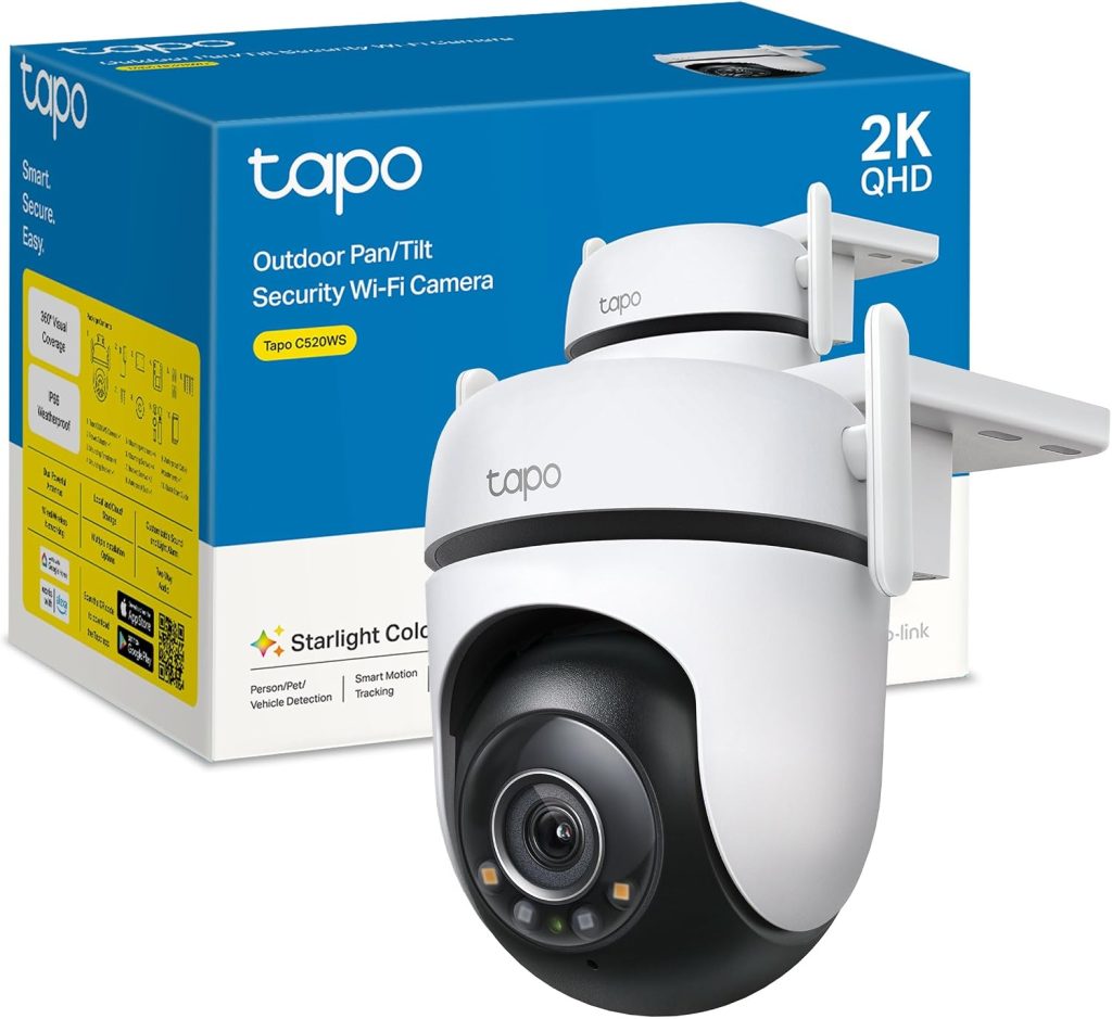 Tapo C520WS - Cámara de Vigilancia WiFi Exterior 360º, 2K QHD, Detección IA | Detección de Movimiento, Personas, Mascotas, Vehículos y más. Visión Nocturna a Color. Alarma Luz y Sonido. Admite MicroSD.