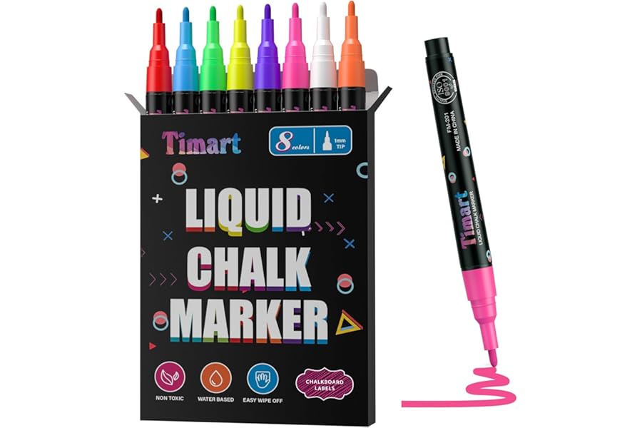 Timart Fine Tip Chalk Markers, Liquid Chalk Pens-8 Pack, 1mm Point | Dry & Wet Erase Chalkboard Markers, Non-Toxic Chalk Marker for First Day of School Sign, Blackboard, Glass, Cars
