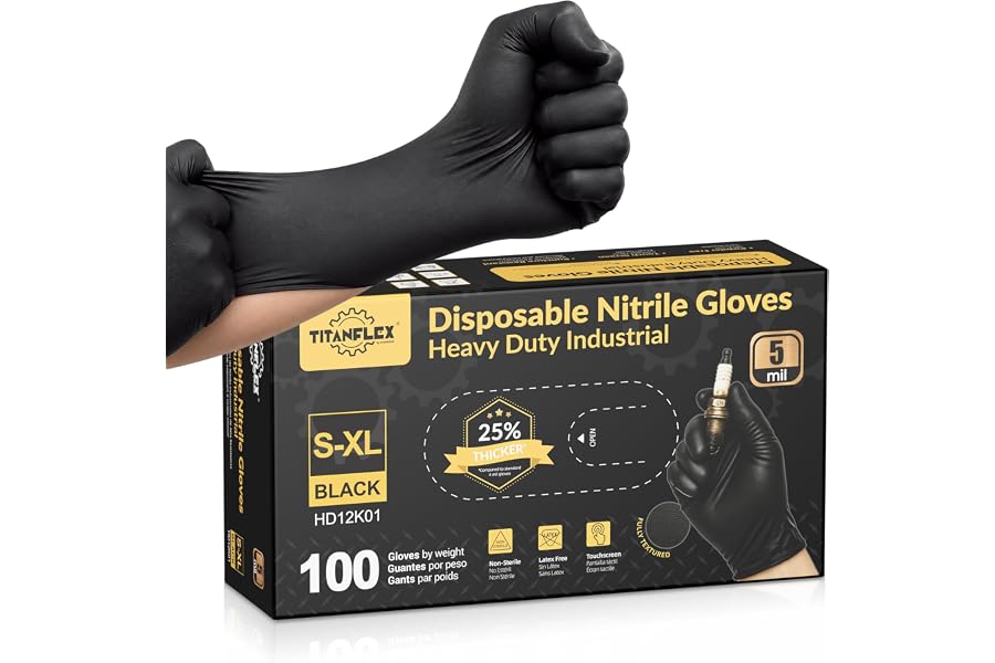 TitanFlex Black Nitrile Disposable Gloves, 5 Mil, Fully Textured, Heavy Duty, Latex Free & Powder Free for Cooking, Food Prep, kitchen clean, 100 ct (XL)