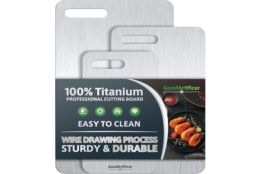 Titanium Cutting Boards Set of 3, 100% Pure Titanium Kitchen Cutting Board, Double-Sided Non-Toxic Cutting Board, Ideal for Slicing and Dicing Meats, Features Handle, Dishwasher Safe