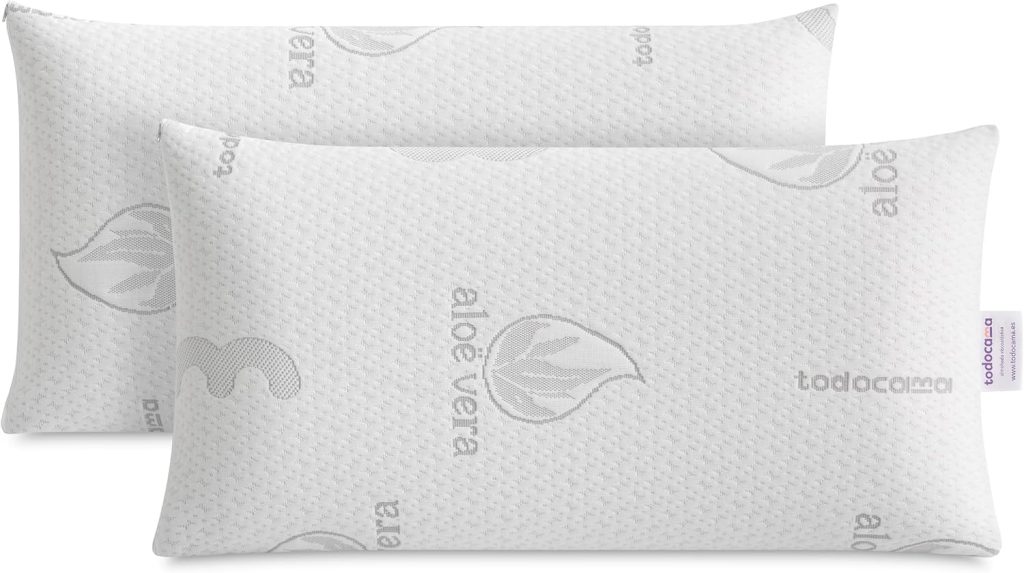 Todocama Almohada Viscoelástica Aloe Vera (Pack 2 Unidades 70 cm), Núcleo Compacto Viscoelástico para Cervicales y Cuello, Firmeza Media-Alta, Doble Funda con Cremallera.