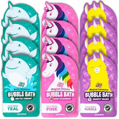 Tub Works® Magical Kids Bubble Bath, Variety 12 Pack | Creates Colorful Water & Tons of Foam Bath Bubbles | Nontoxic | Character-Themed Bubble Bath for Kids | Pink, Purple & Teal Bath Colors