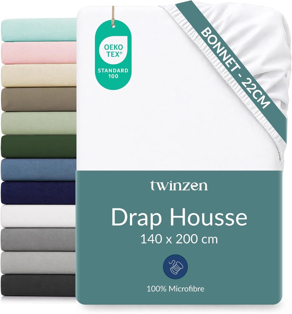 Twinzen Drap Housse Microfibre 140x200 Blanc Bonnet 25 cm | Ultra doux · Respirant · Séchage rapide · Lavable à 40°C · Certifié OEKO-TEX
