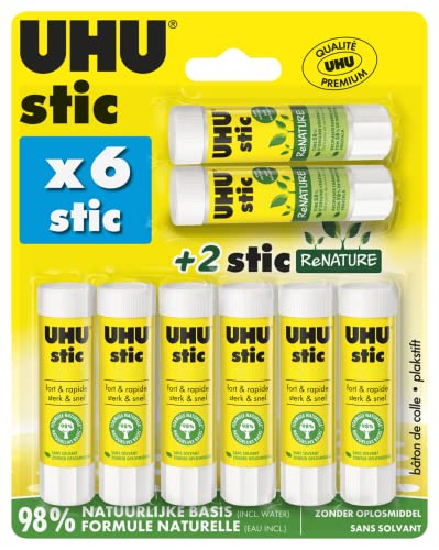 UHU Stic - Bâton de Colle Sans Solvants | Tube De Colle Blanc, Enfant, Loisirs Créatifs, Maison, Fourniture De Bureau, École - Lot de 6 Stics de 8,2 g + 2 Stics R