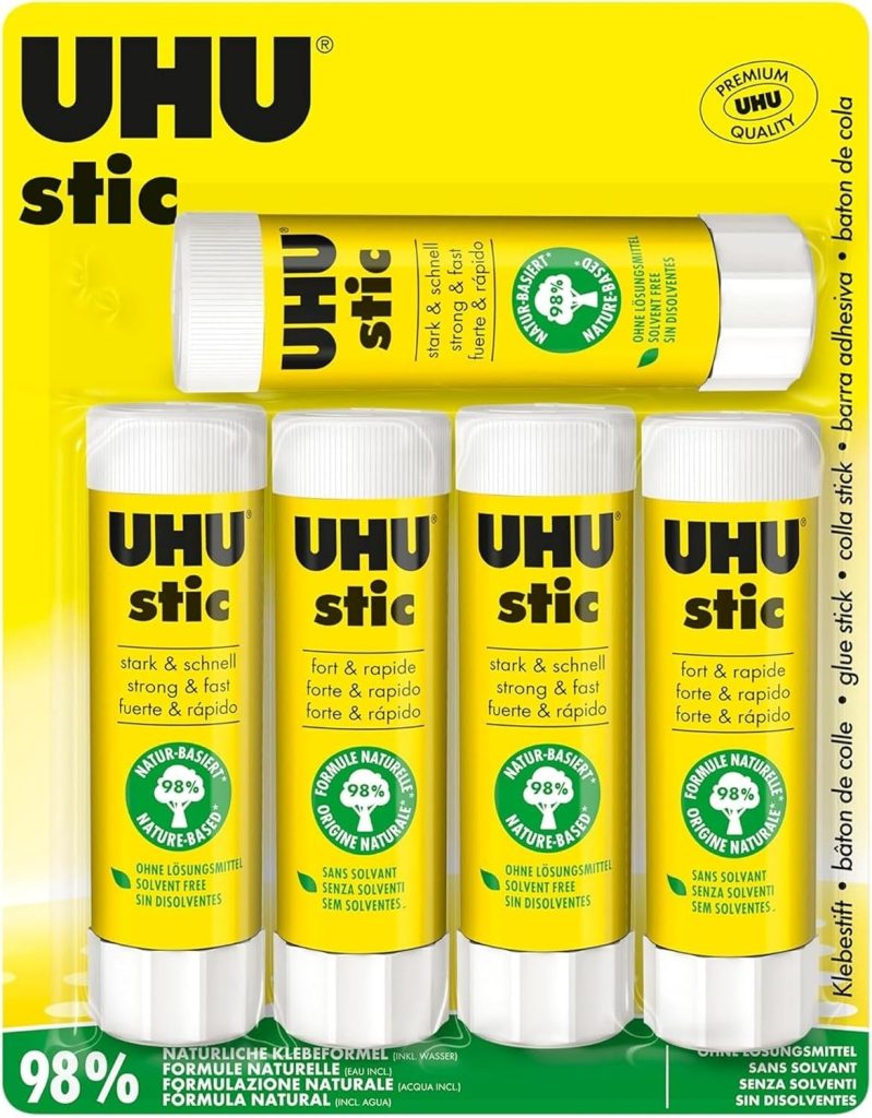 UHU Stic - Bâton de Colle Sans Solvants | Tube De Colle Blanc, Enfant, Loisirs Créatifs, Maison, Fourniture De Bureau, École - Lot de 5 Stics de 40 g