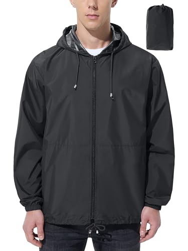 UIQUR Mens Rain Jacket Raincoat Waterproof Windbreaker Black L