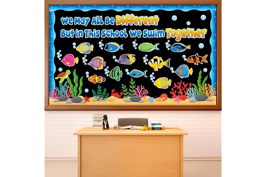 Under The Sea Bulletin Board Set We May All Be Different But in This Class We Swim Together Classroom Decorations Cutouts Summer Ocean Fish Bubble Cutouts for Back to School Chalkboard Door Supplies