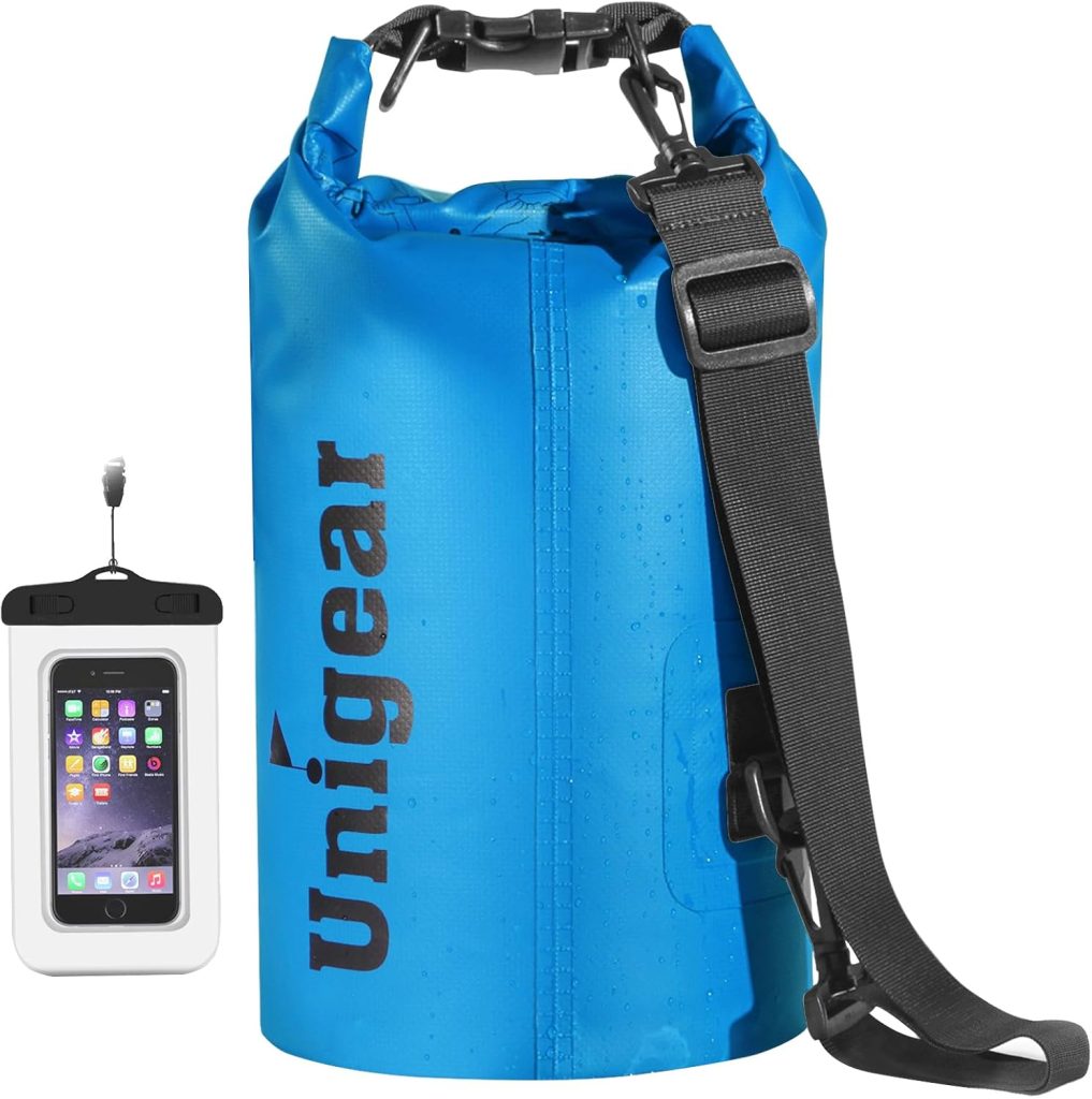 Unigear Bolsa Estanca 2L~40L Seca Impermeable + Funda De Movíl Camping Playa | Funda para teléfono y Correa Larga Ajustable, para Barcos, Kayak, Paddle Surf, Pesca, Rafting, natación, Snowboard