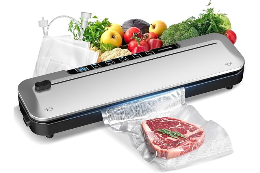 Vacuum Sealer Machine 75KPa, 6-in-1 Dry/Moist Modes, Digital Timer | Compact & lightweight body | Effortless one-touch operation | Extends food freshness 8 times longer BLACK Silver