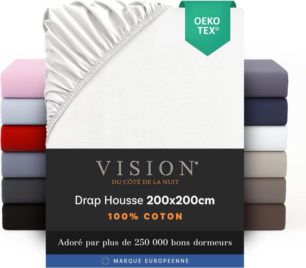 Vision Drap Housse - 100% Coton Lit Kingsize (200x200cm) - Blanc | Coins Élastiqués | Tissage Serré: 57 Fils | Convient aux Matelas Jusqu’à 30cm | Confortable | Lavable en Machine | Certifié Oeko-Tex