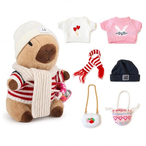 WAKSUN Capybara Plush with 10 Pcs Clothes & Accessories,Christmas Stuffed Animals, 10.2 in Cute Capybara Plush Toys,Birthday Gifts&Dress Up Cute Plushies for Boys/Girls (Daily)